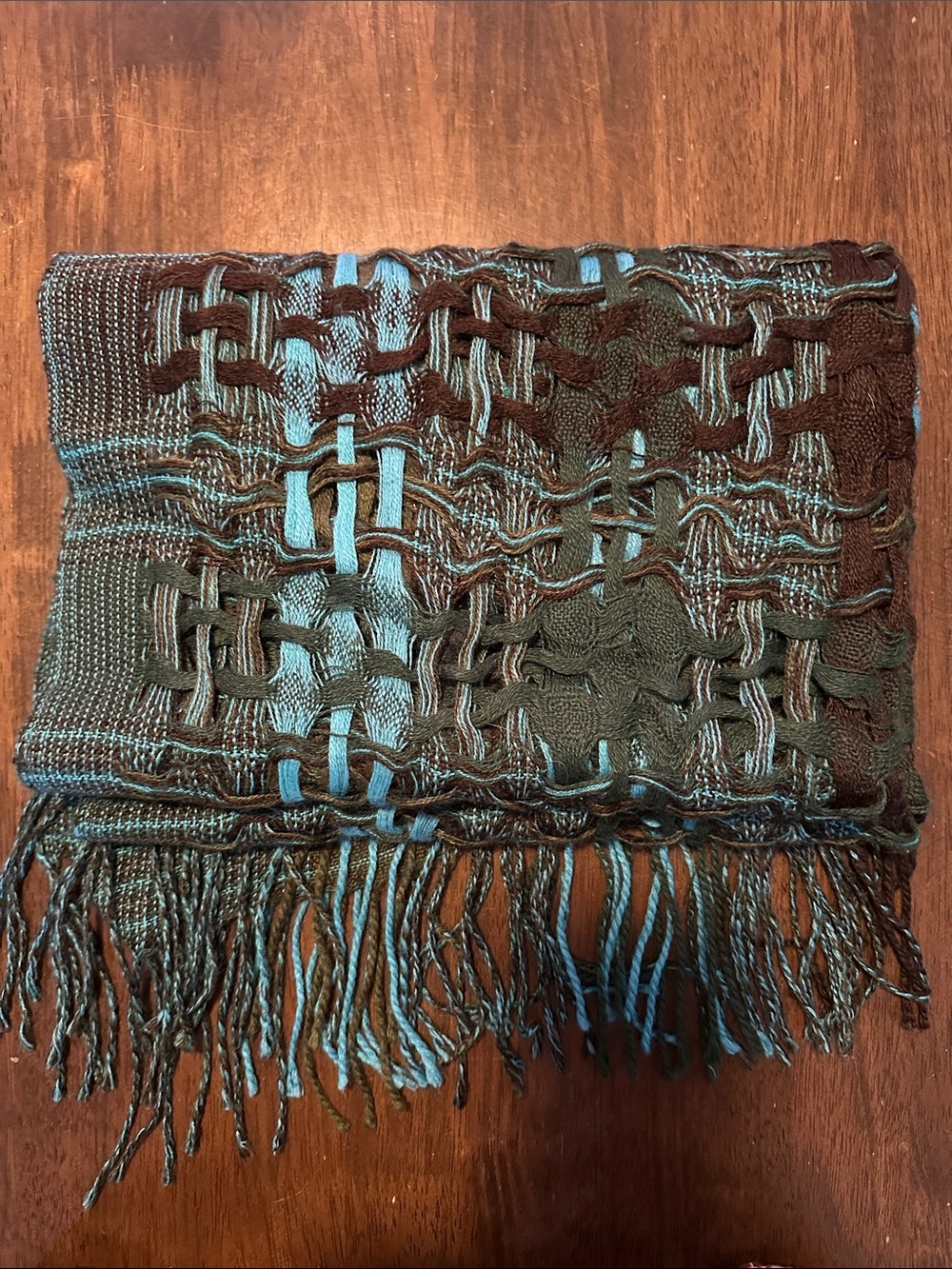 Woven Fringe Scarf in Teal and Dark Brown